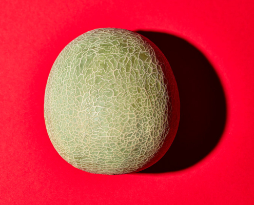 Eine einzelne Cantaloupe-Melone mit grüner, netzartiger Schale steht zentriert vor einem leuchtend roten Hintergrund. Die Beleuchtung erzeugt einen Schatten rechts von der Melone und fängt einen exquisiten Moment der Food-Fotografie ein, der durch seine Bildsprache Bände spricht.