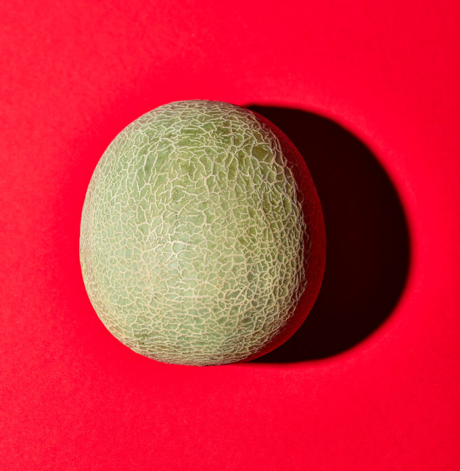 Eine einzelne Cantaloupe-Melone mit grüner, netzartiger Schale steht zentriert vor einem leuchtend roten Hintergrund. Die Beleuchtung erzeugt einen Schatten rechts von der Melone und fängt einen exquisiten Moment der Food-Fotografie ein, der durch seine Bildsprache Bände spricht.