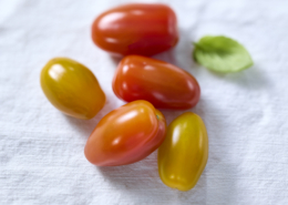 Gelbe und rote Kirschtomaten auf hellem Hintergrund.