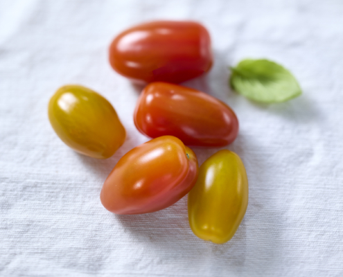 Gelbe und rote Kirschtomaten auf hellem Hintergrund.
